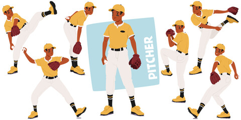 Set Of Baseball Pitcher Character In Different Pitching Positions, Demonstrating Form And Technique, Vector Illustration