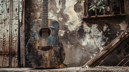Weathered guitar displayed against concrete wall with blurred surroundings and bokeh effect
