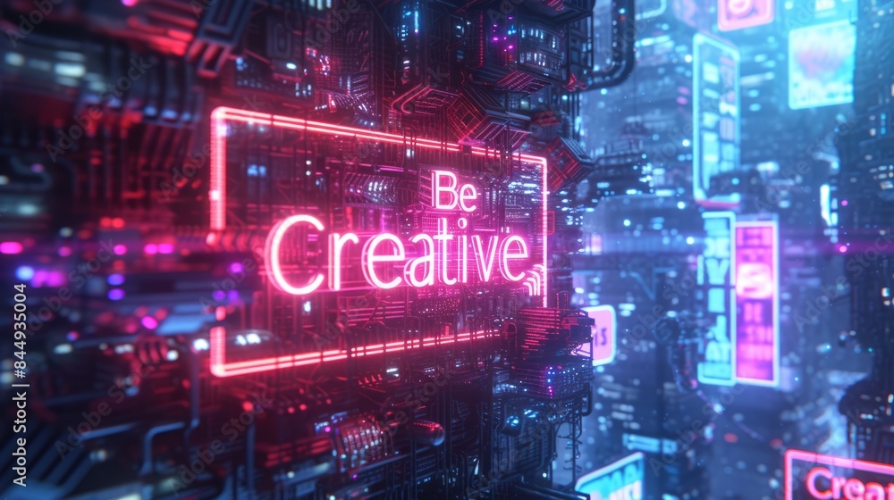 Poster letter of be creative in variant texture with bright light neon color in futuristic design with 3d d
