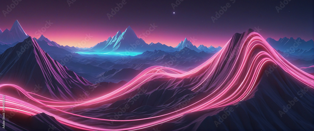 Poster futuristic three-dimensional neon landscape with dynamic lines in motion, creating a surreal panoram