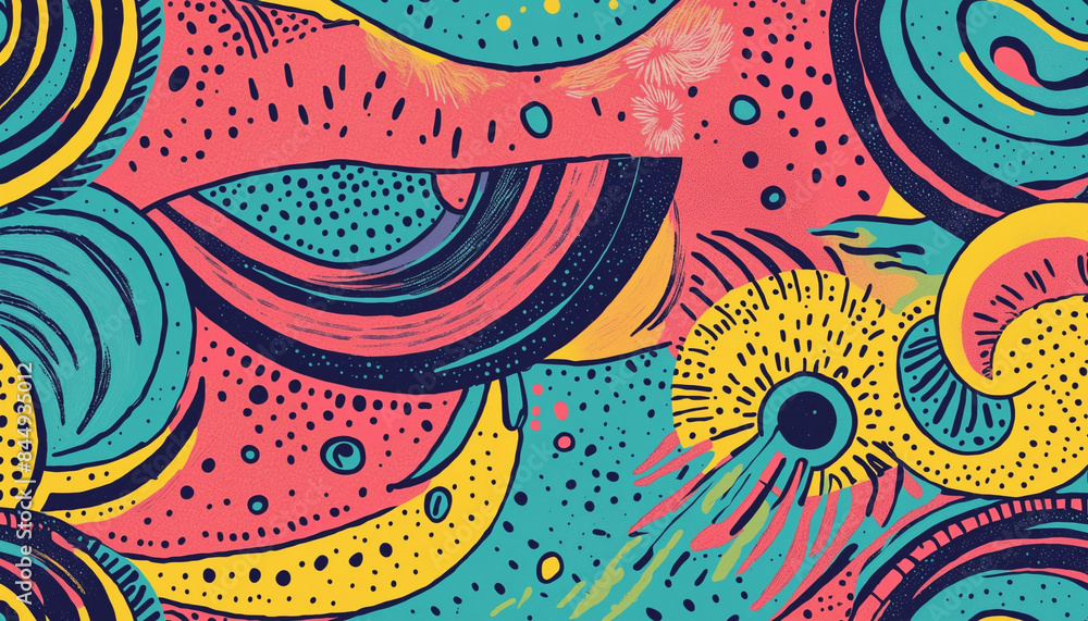 Poster retro neon 80s-inspired abstract print in a vibrant and colorful seamless pattern design