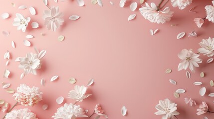 Trendy floral frame on pastel pink background with flying white flowers and leaves Minimalistic nature concept for special occasions