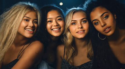Obraz premium Multicultural young attractive women, 4 girls in group at nightlife, outdoors, beach party, or open-air event, amazed, curious, youthful beauty, slim, looking up, dancing with best friends