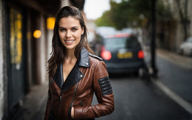 Adult woman, 30, in denim jacket, standing in narrow side street with parked car, smiling despite rain, good mood, motivated, Caucasian