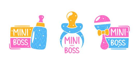 Bright And Playful Mini Boss Logo Featuring Baby Bottle, Pacifier And Rattle. Great For Baby Products, Nursery Decor
