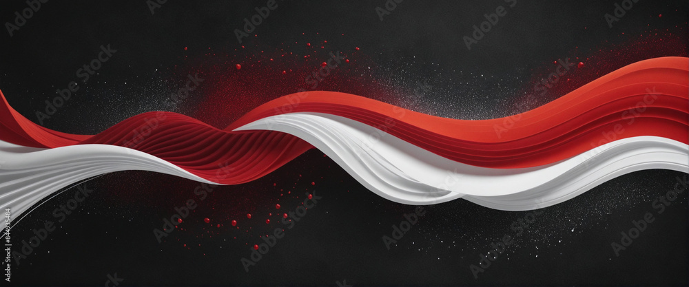 Poster abstract fluid motion design with red, white, and black gradient flow on a grainy background, featur