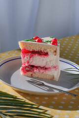 Slice of Cherry Cream Cake on Polka Dot Table