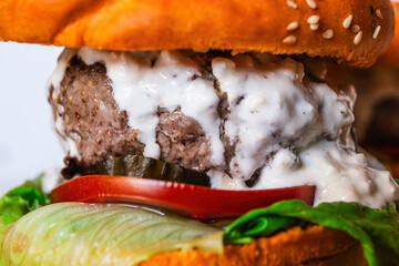 Close-Up of a Juicy Cheese burger with Toppings