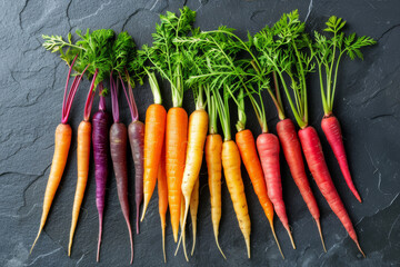 A bunch of colorful carrots including orange, purple, and yellow varieties, arranged artistically on a dark slate surface.. AI generated.