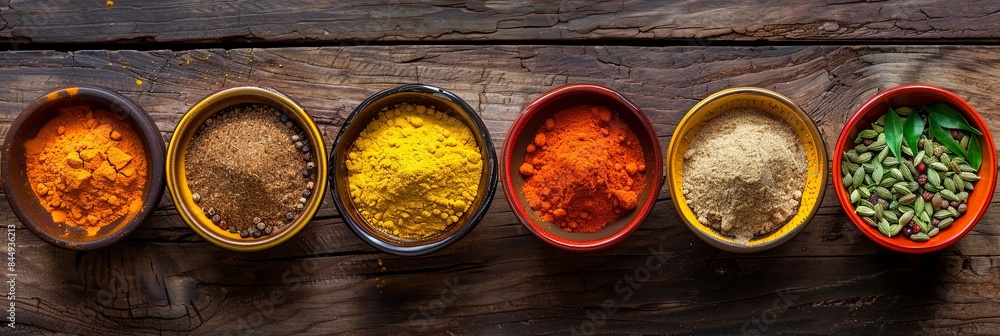 Poster a top-down view of vibrant spices in ceramic bowls arranged on a rustic wooden surface. the spices i
