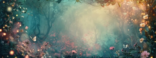 A lush green forest with a bright sun shining through the trees. The scene is full of life and color, with butterflies fluttering around and flowers blooming