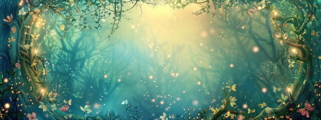 Obraz premium A lush green forest with a bright sun shining through the trees. The scene is full of life and color, with butterflies fluttering around and flowers blooming