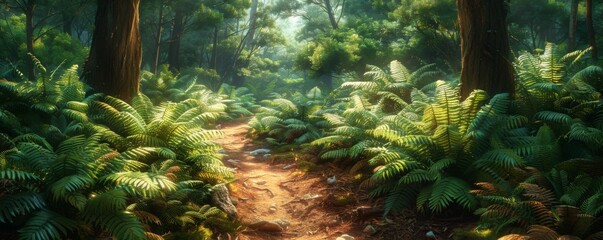 Obraz premium Pathway through a forest with ferns
