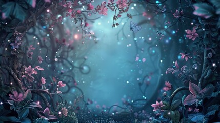 A lush green forest with a bright sun shining through the trees. The scene is full of life and color, with butterflies fluttering around and flowers blooming