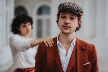 Man in a brown suit crying and receiving a supportive hand from a woman in the background,...