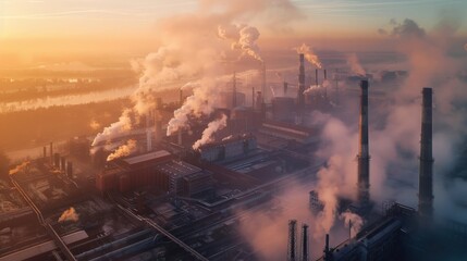 Obraz premium A city with a lot of smoke coming out of the factories. The sky is hazy and the city looks like it's in the middle of a storm