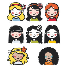 Nine diverse cartoon girls smiling, various hairstyles ethnicities. Cartoon female characters, faces joyful expressions, multicultural. Set cheerful girls, colorful, friendly, happy, diversity group