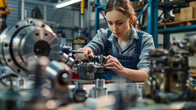 Female mechanical engineer working on equipment in a workshop