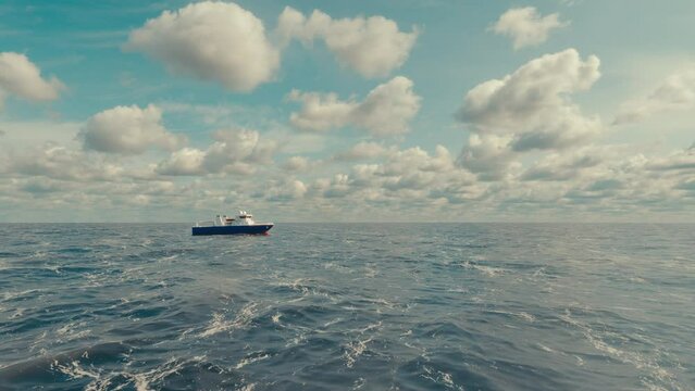 Small OSV Offshore Supply Ship sailing in the North Sea at beautiful sunset. Realistic 3d Rendering concept of future navigation of motor vessels