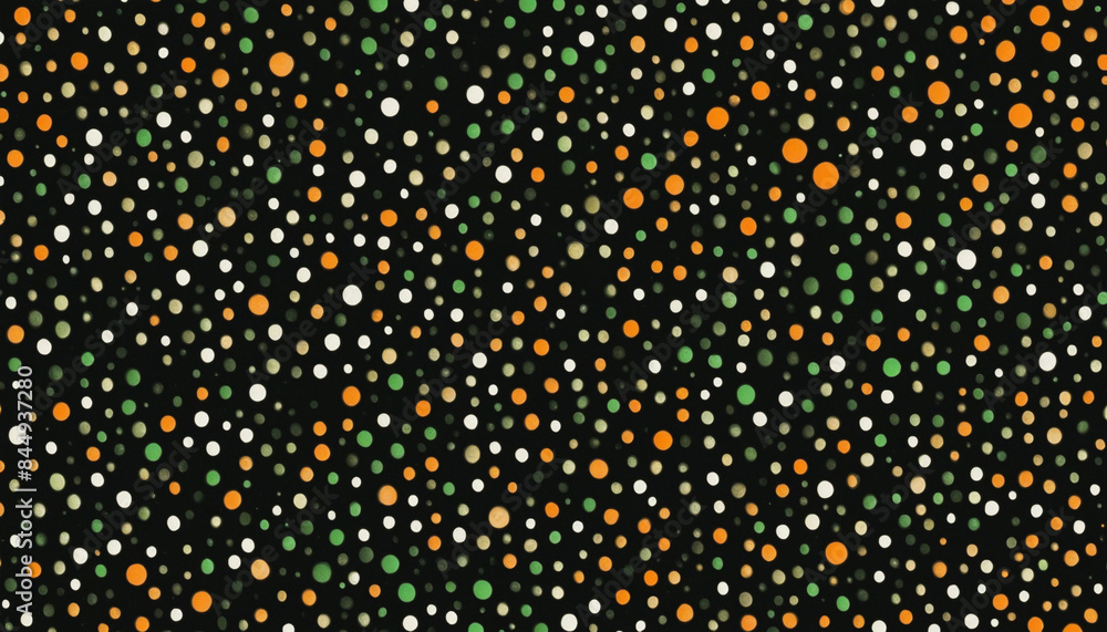 Poster many-colored illuminated spots on a wide black gradient background with a grainy texture effect and 