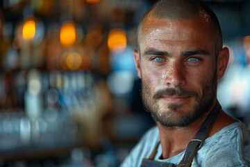 Obraz premium A focused male chef with striking blue eyes and a sweaty face after a busy service
