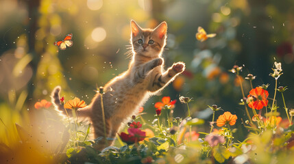 Cat joyfully jumping in a field of flowers