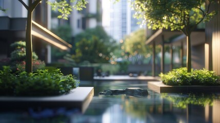 A tranquil oasis within a bustling city with blurred buildings creating a sense of separation and escape. .