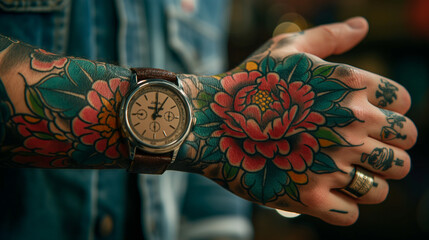 view of a flower tattoo in a hand , different color , brown watch 