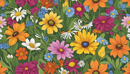 Nature's vibrant display of colorful flowers lights up the meadow on a summer evening