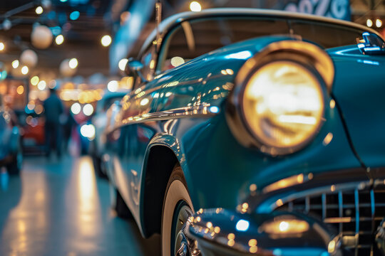 a close-up of a vintage car's front, showcasing a shiny chrome grille and headlight against a blurred backdrop