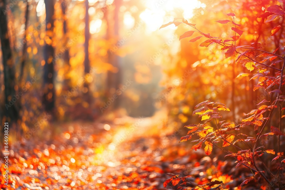 Poster forest path covered with colorful fallen leaves is bathed in warm sunlight filtering through the tre