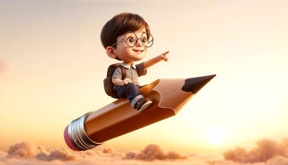 cartoon child flying on a massive pencil, with backpack. go back to school