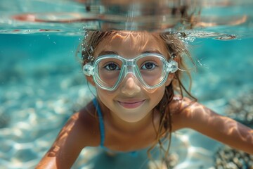 A crystal-clear underwater shot of a young girl snorkeling, up-close with a pleasant expression