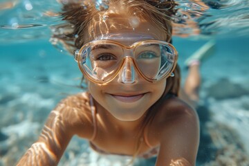 Naklejka premium Young girl smiles brightly while submerged, wearing a snorkel mask that reflects the clear blue water