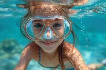 Naklejka premium Happy young girl underwater with a snorkel mask showing vivid blue water and sunlight patterns