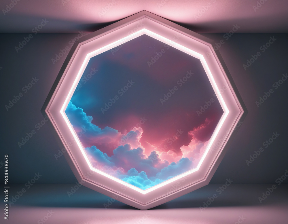 Poster three-dimensional hexagonal frame with neon pink and blue cloud inside, creating a surreal atmospher