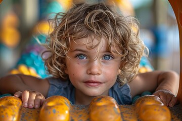 Fototapeta premium Curly-haired toddler boy peering with clear blue eyes from behind yellow playground equipment