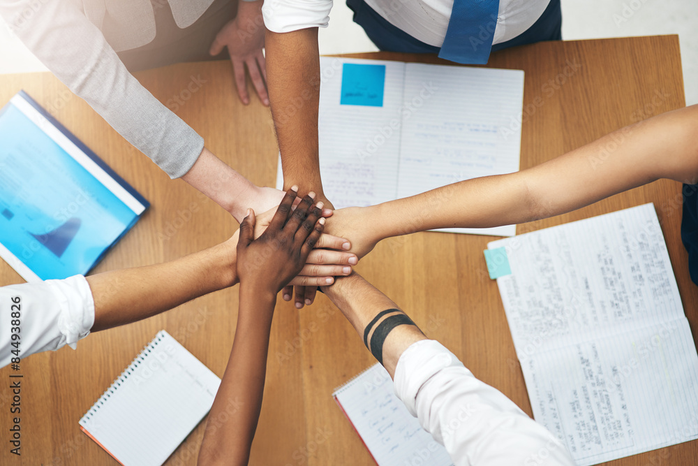 Poster Hands, huddle and group in office with teamwork for unity with goal in work with collaboration in support. Strategy, diversity and partnership in developer career with synergy for problem solving