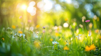 Blurred image of a peaceful picnic spot in a sunlit meadow with wildflowers speckling the grass and adding a pop of color to the hazy surroundings. The sounds of nature and the suns .