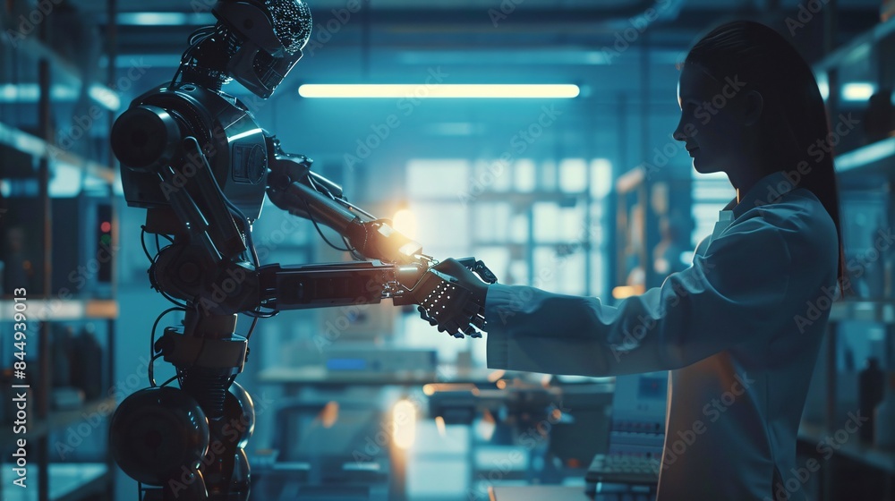 Poster robot and scientist shaking hands in a futuristic lab