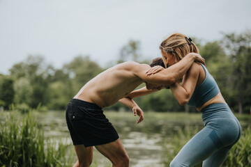 Fitness couple participating in a wrestling exercise in a park. They are engaged in an intense...