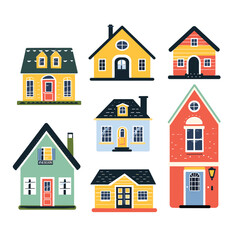 Collection colorful house illustrations showcasing different architectural styles. Flat design residential homes featuring unique windows, doors, roofs