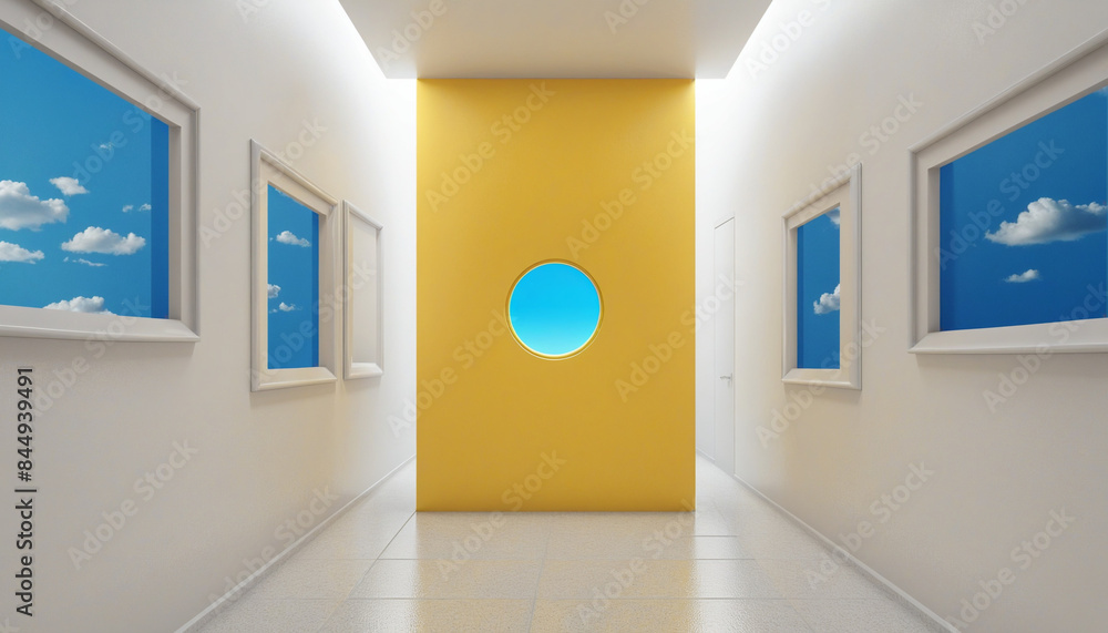 Poster three-dimensional architectural design featuring a yellow corridor with clouds floating inside, show