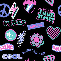 Abstract seamless pattern with stickers  on retro style. Funny background. Wallpaper for cool teen girl