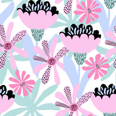 Seamless pattern with abstract сute flowers print on white background.  Creative texture for fabric, wrapping, textile, wallpaper, apparel. Vector illustration