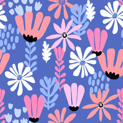Seamless pattern with abstract сute flowers print on violet background.  Creative texture for fabric, wrapping, textile, wallpaper, apparel. Vector illustration