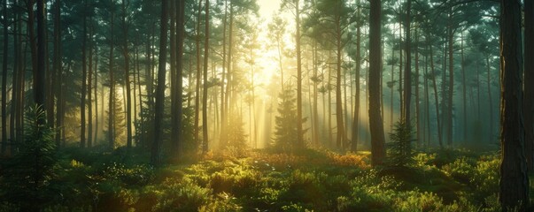Obraz premium Sunlight filtering through tall pine trees