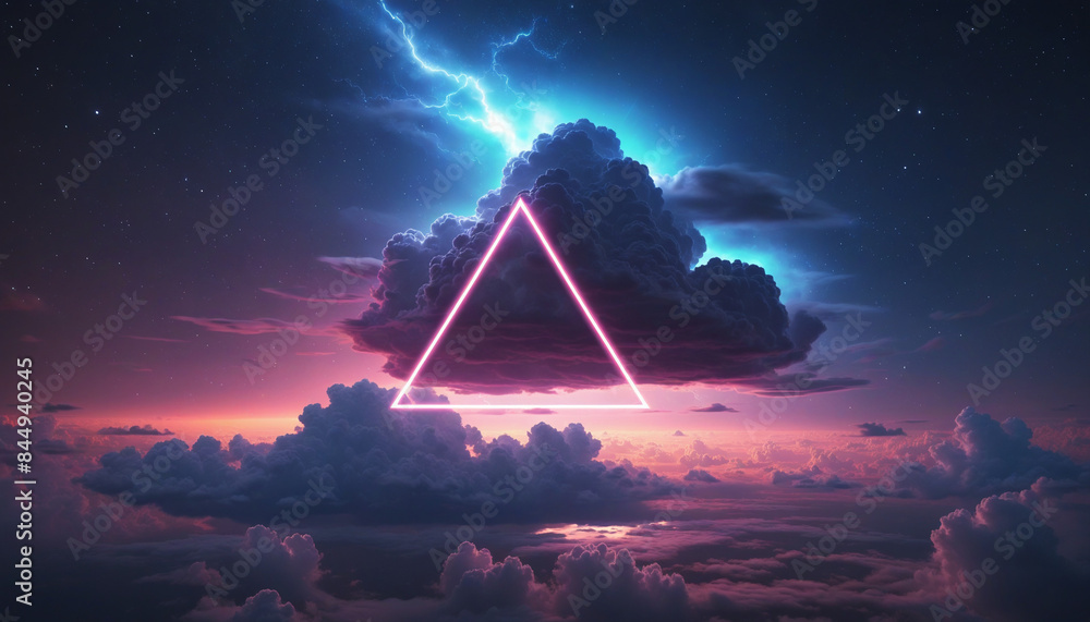 Poster futuristic 3d neon triangle frame with stormy clouds against a night sky, creating a surreal atmosph