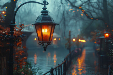 A foggy street with vintage lamps casting a soft glow through the rain. Concept of nostalgia and atmospheric urban scenes. Generative Ai.