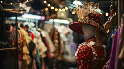 Naklejka premium A blurred and dreamy shot of props and costumes stacked haphazardly in a dressing room hinting at the chaos and magic of a stage production. .
